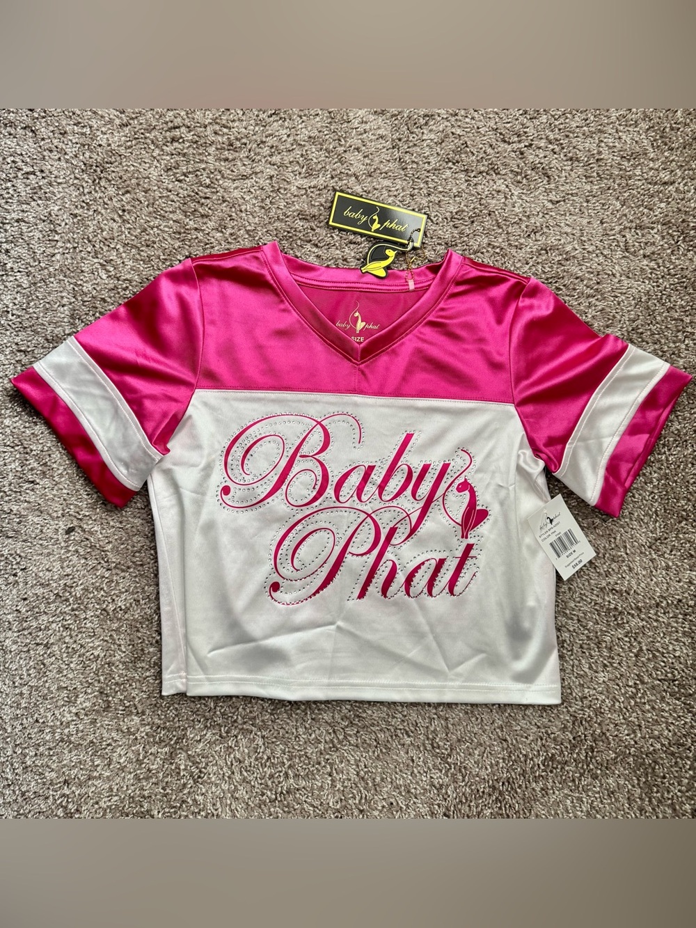 Baby Phat Pink White Rhinestone Jersey Crop Top Y2K Size M NWT